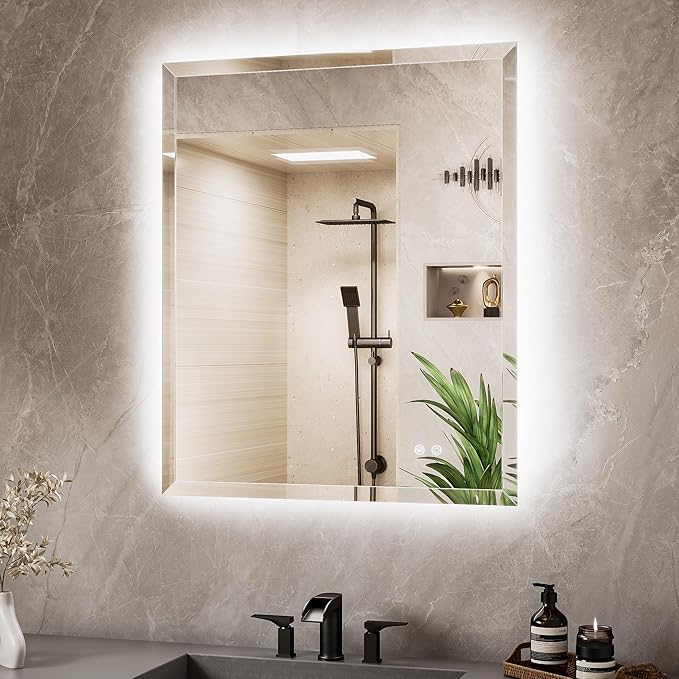 TETOTE 30 x 36 Backlit Mirror Bathroom, LED Vanity Mirror with Beveled Edge, Tempered Glass, 3 Colors Lights, Anti-Fog, Adjustable Brightness, Memory Function, Frameless LED Vanity Wall Mirror