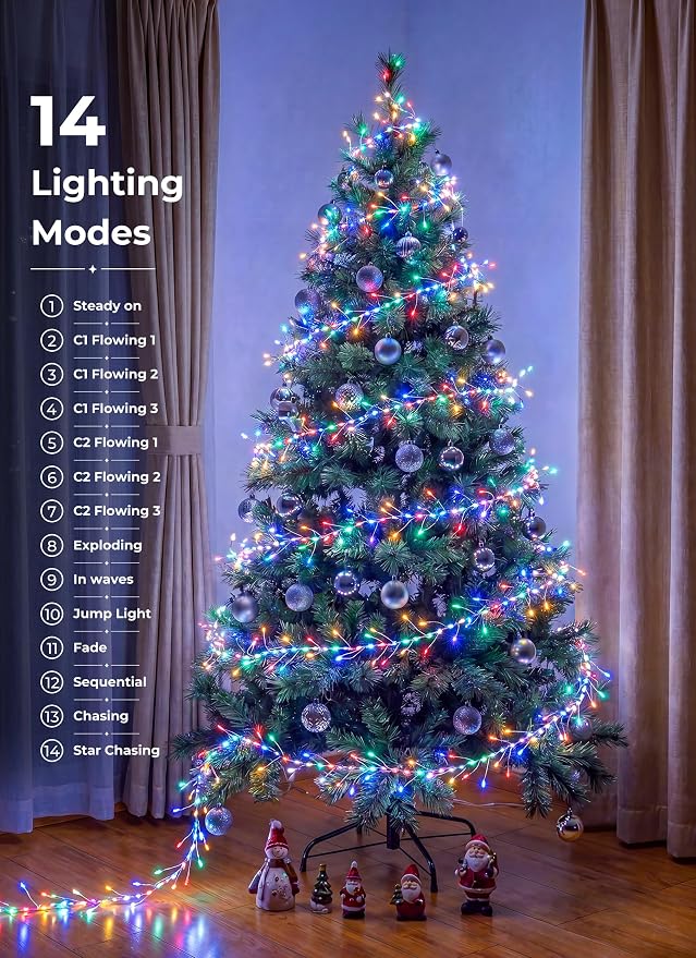Flowing Fairy Lights Plug in with 14 Modes, 10FT 388LED Twinkle String Lights Indoor, Christmas Tree Lights Indoor Waterproof for Bedroom Christmas Home Room Decor, Multicolor