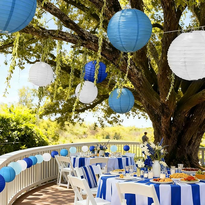 21Pcs Paper Lanterns, Blue and White Hanging Lanterns for Bridal Shower | 6"8"10" Round Paper Lanterns Decorations for Wedding Engagement Baby Shower Birthday Rustic Party Home Classroom Decor