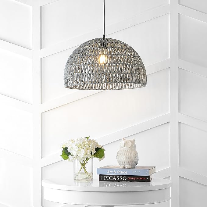 JONATHAN Y Campana 1-Light Pendant Dome Ceiling Lamp, 20", Gray | Modern Coastal Farmhouse Decor, Adjustable Height, Woven Rope Metal Frame, LED Bulb Included, UL Listed