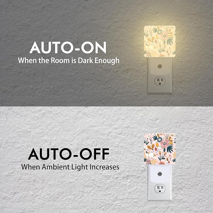 Pink Flowers Berries Leaves Plug in Night Lights with Dusk to Dawn Sensor LED Night Light Plug into Wall for Kid Girls Boys Women Men Room,Hallway,Stairs,Kitchen,Nursery Decor