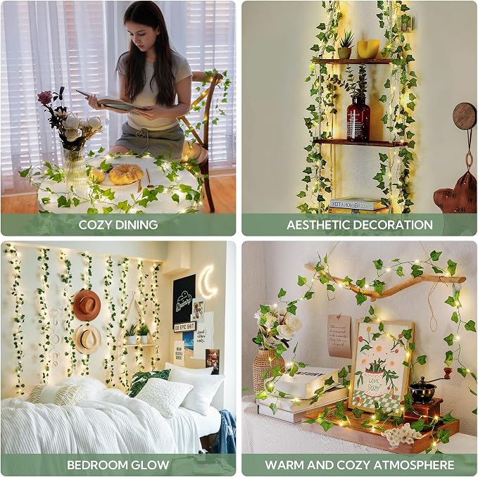HEYFUNi Ivy Vines with Lights with Remote, 13 Ft 40LED | Artificial Green Leaf String Lights USB/Battery Operated, Fake Vines for Bedroom Wall Aesthetic, Dorm, Room Decor, Warm White
