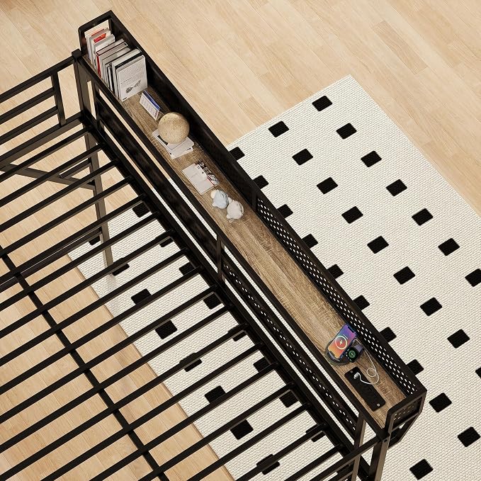 Queen Size Metal Loft Bed with Reversible Stairs and LED & USB Port | Storage Shelf, Reversible Storage Stairs with Wardrobe, LED Lights,USB Charging Port,Sturdy Noise-Free Design,Large Under Bed