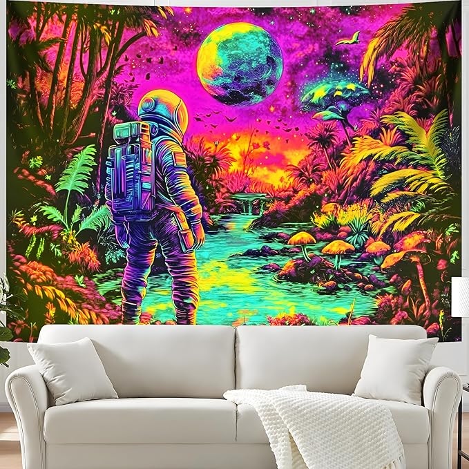 BVBOX Blacklight Space Astronaut Tapestry UV Reactive Galaxy Planet Glow in Dark Tapestries Black Light Poster Neon Wall Hanging Art for bedroom Living Room (Astronauts & Space -UV-3M)