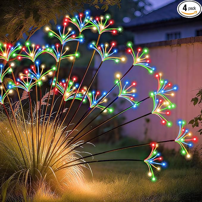 Solar Garden Lights, New Upgraded 4 Pack Solar Swaying Starburst Light, Waterproof Fireworks Outdoor Lights, Yard Patio Pathway Decoration, Colorful