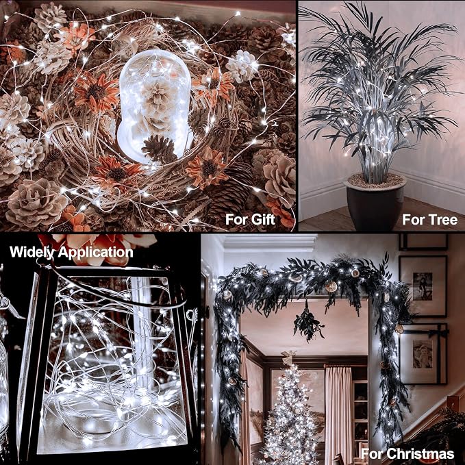 6 Pack Timer Fairy Lights Battery Operated Twinkle Lights with 5 Modes | 16.4Ft 50 LED Silver Copper Wire Battery Wreath Lights for Home Christmas Wedding Indoor Outdoor Decor, Cool White