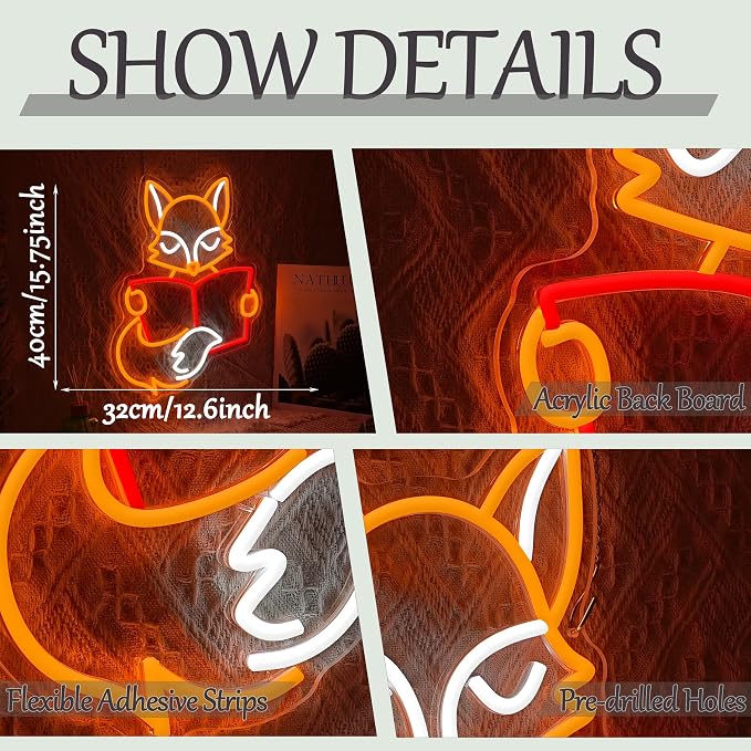 Fox Reading Book Neon Sign for Wall Decor USB Powered Read Books Light Up Sign Dimmable LED Fun Fox Neon Light for Home Bedroom Classroom Library Decor