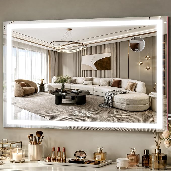 FENNIO Large Vanity Mirror with Lights，40" x 28"Makeup Mirror with Lights，Hollywood Mirror with 3 Color Modes & Adjustable Brightness，Vanity Mirror Square Pink