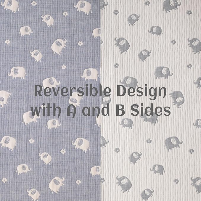 NTBAY 3 Layer Oversized Muslin Toddler Blanket, 45 x 60, Blue Elephant | Muslin Cotton Outer Layers with Light Thermal Fiber Fill, Reversible Blanket for Daycare, Travel, Naps, and Supervised Use