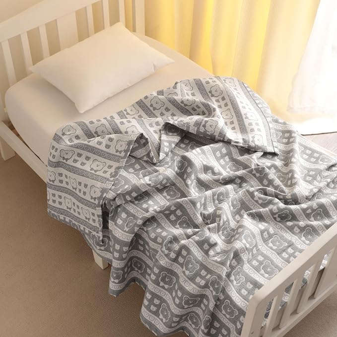 NTBAY 3 Layer Oversized Muslin Toddler Blanket, 45 x 60, Dark Grey Bear | Muslin Cotton Outer Layers with Light Thermal Fiber Fill, Reversible Blanket for Daycare, Travel, Naps, and Supervised Use