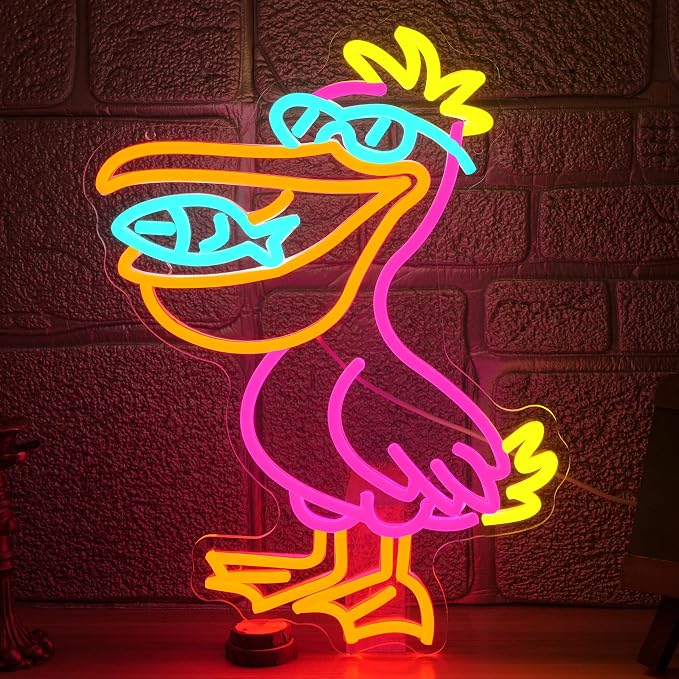 Pelican Neon Sign with Dimmer Switch,Colorful Led Pelican Sign Fish Neon Light for Zoo Bedroom Bar Club Kindergarten(16.54 * 12.6In)