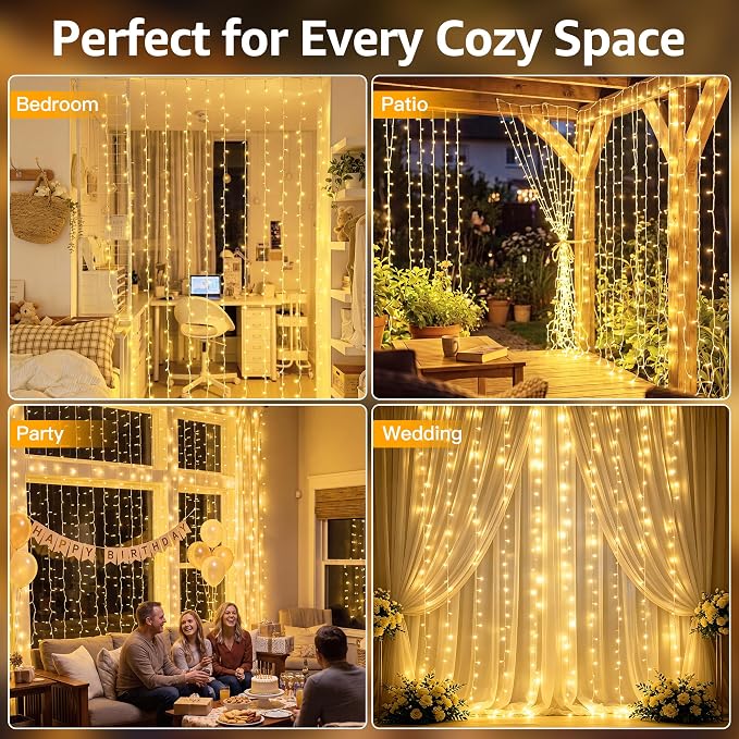 Ollny Curtain Lights 6.6x6.6ft, Plug in String Lights for Indoor Bedroom, 200 LED Connectable Fairy Light with Remote Timer 8 Modes, Waterproof Christmas Light for Outdoor Wedding, Warm White