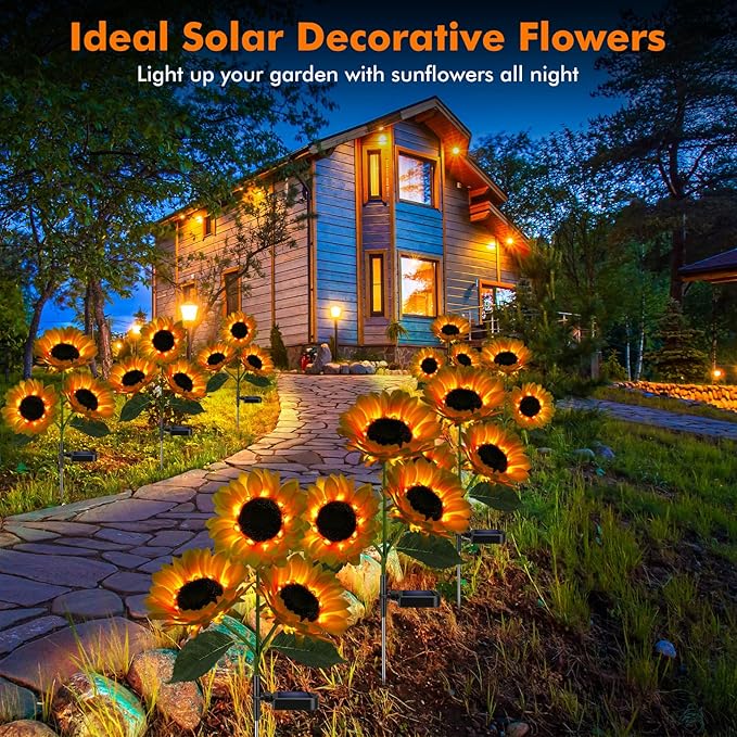 Solar Sunflower Lights Flowers Outdoor Waterproof for Yard Garden Cemetery | 800mA Real Looking Stake Flower Bed Pathway Patio Porch Fall Decors