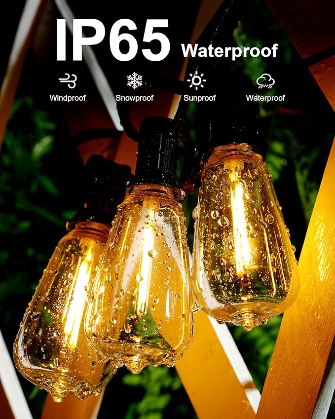 Patio String Lights 50FT LED, IP65 Waterproof ST38 Connectable Dimmable | Shatterproof PET, 27 Bulbs, Energy-Saving LED, for Garden, Backyard, Porch, Deck, Party, Cafe Decor
