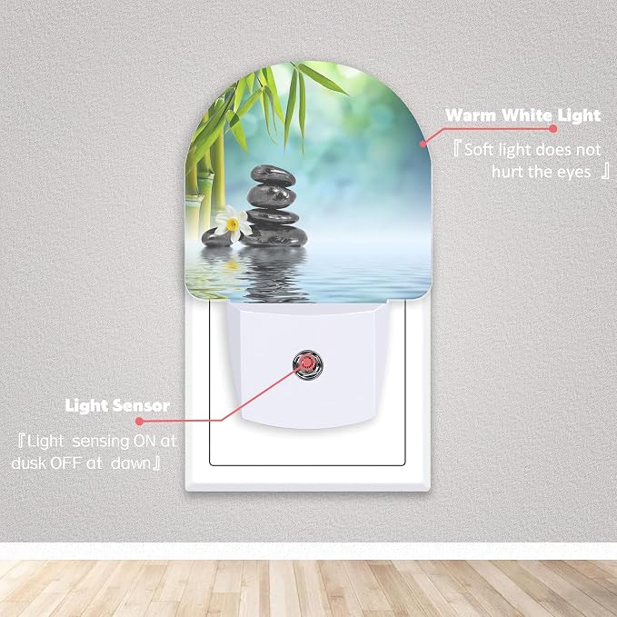 Zen Stone Bamboo Night Lights Plug into Wall for Girls Boys Room,Night Light LED Lamp Dusk to Dawn Sensor Round Lamp for Bedroom Bathroom Hallway Home Wall Decor