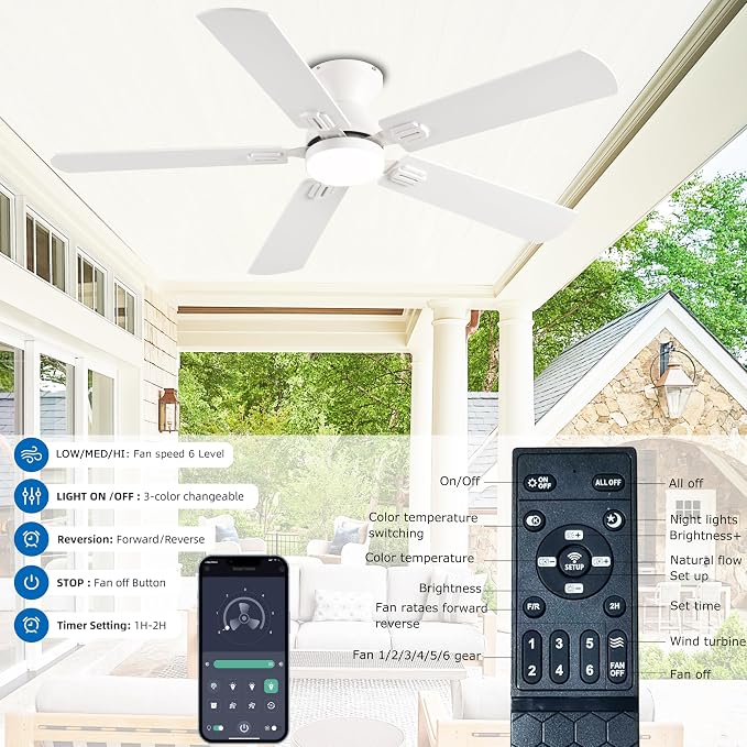 KNUN 52 inch Ceiling Fans with Lights, White Low Profile Ceiling Fan with Remote Control and App, Double-sided Fan Blades, 3CCT Dimmable LED, Noiseless, Flush Mount Ceiling Fan for Bedroom, Patio.