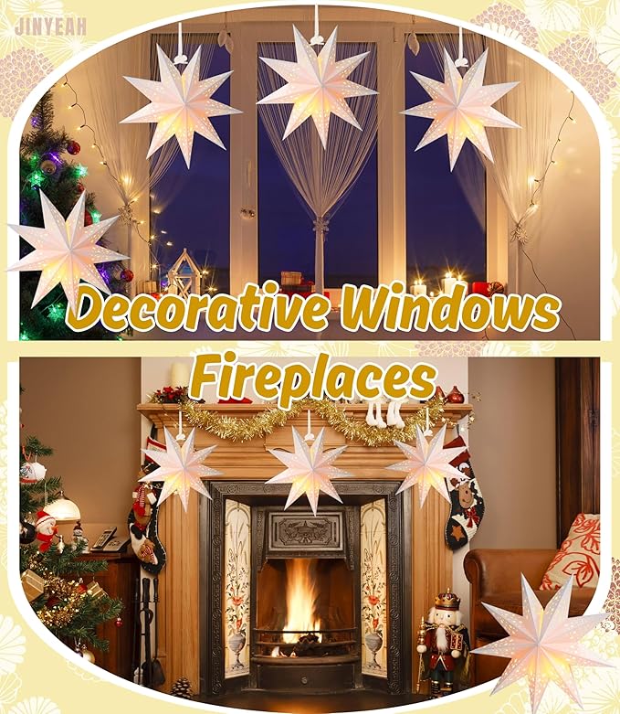 Paper Star Lantern 3PCS Christmas Paper Stars Lampshade 13.78 inch Hanging 3D Christmas Pentagram Lampshade 9 Points Lantern Foldable for Xmas Wedding decoración navideña