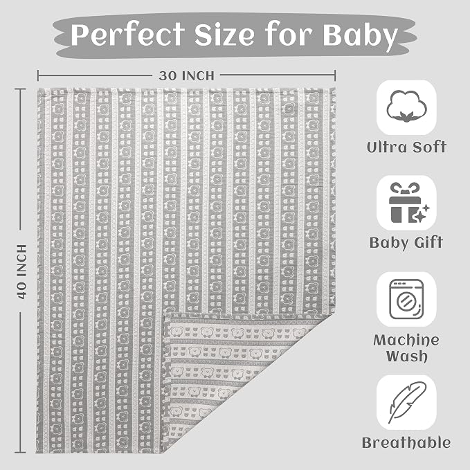 NTBAY 3 Layer Muslin Toddler Blanket, 30 x 40, Dark Grey Bear | Breathable Muslin Cotton Outer Layers with Light Thermal Fill, Reversible for Stroller, Daycare, Travel, and Supervised Use