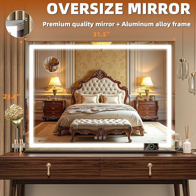 Hasipu Vanity Mirror with Lights, 32" x 24" LED Makeup Mirror, Lighted Makeup Mirror with Dimmable 3 Modes, Touch Screen Control Vanity Mirror Square Black