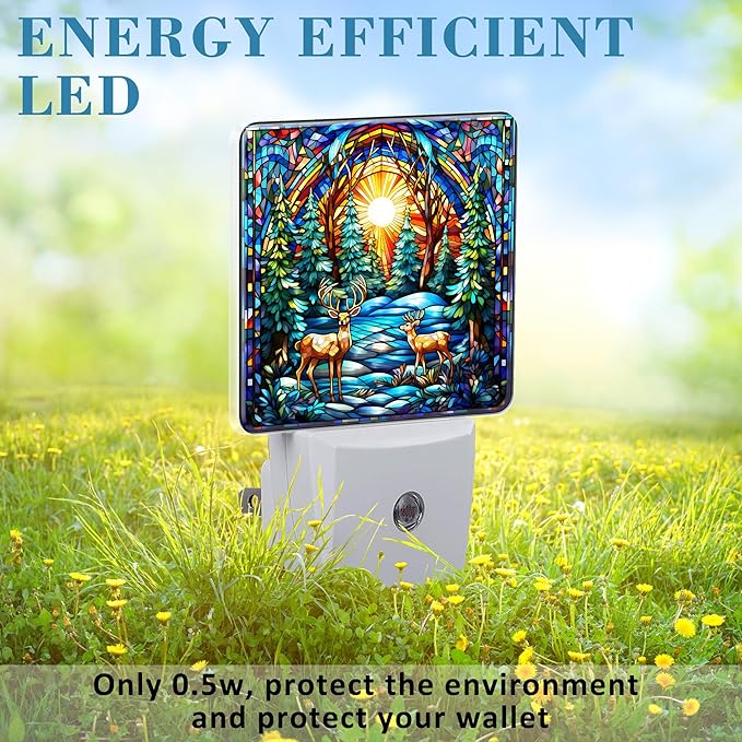 Plug in Night Lights Christmas Stained Glass Deer Nightlight Plug Into Wall Dusk to Dawn Sensor LED Night Light for Kid Girls Boys Women Room Decor,Hallway,Kitchen,Bathroom,Nursery,Stairs