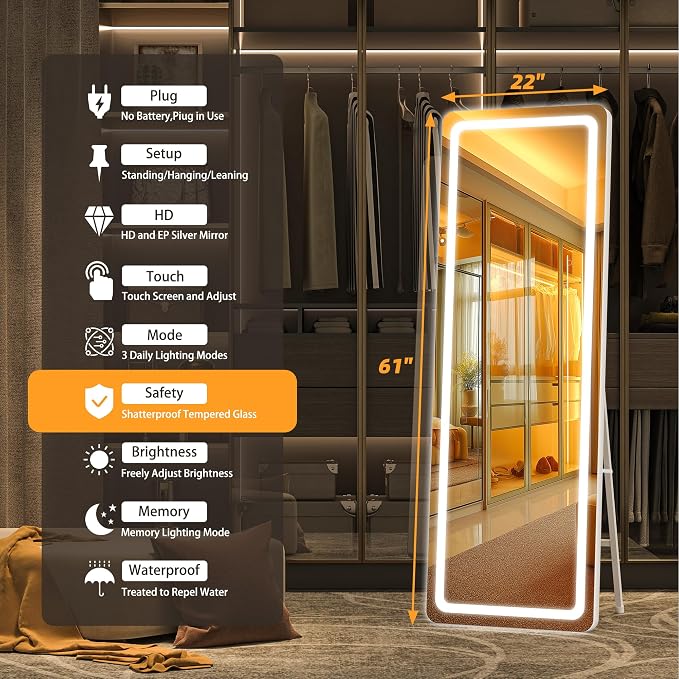 Hasipu Full Length Mirror with Lights, 61" x 22" LED Floor, Full Body Dressing Standing, Hanging Mounted Mirror, Round White