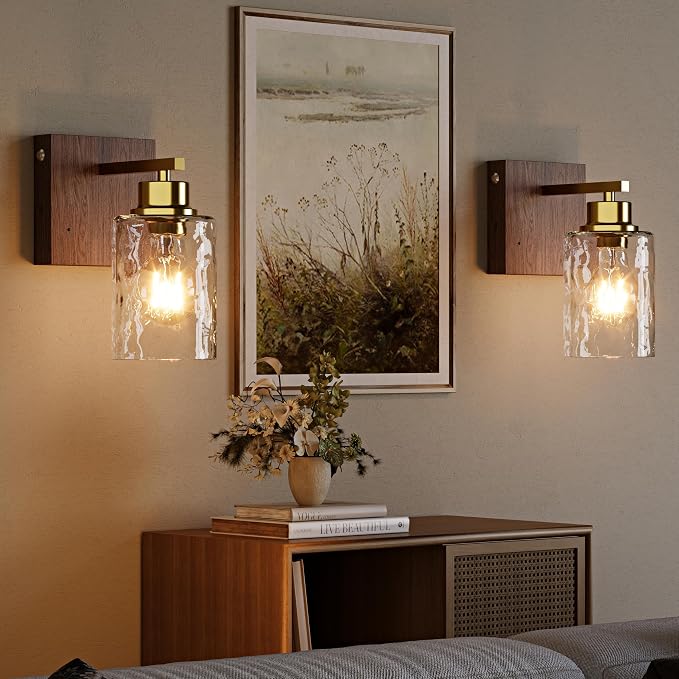 Hammered Glass Battery Operated Wall Sconces Set of Two Gold & Walnut | Dimmable Rechargeable Wall Lights with Remote Timer, Easy Install Lamp for Living Room Bedroom, Emergency 3000K