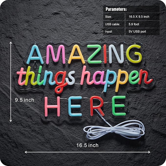 Amazing Things Happen Here Neon Sign, Positive Affirmation LED Light for Wall Decor Multicolored Light Up Signs for Classroom Kindergarten Wedding Party Store Home, Compatible with Timer