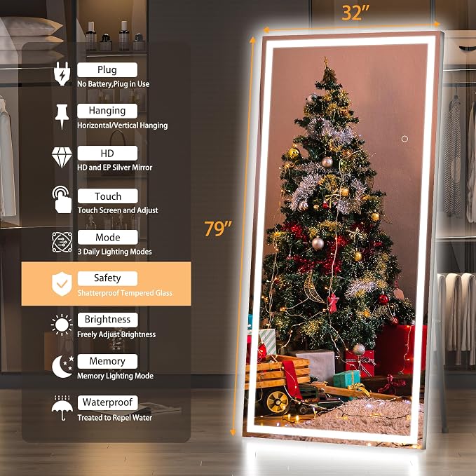 Hasipu Full Length Mirror with Lights, 79" x 32" LED Lighted Floor Standing, Full Body Dressing Hanging Mounted Mirror, Tempered Glass, Square Black