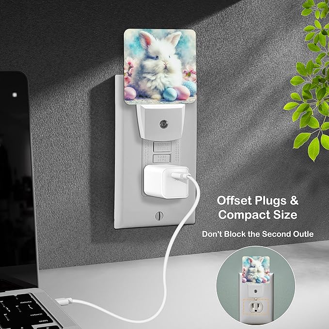 LED Night Light Lamp with Smart Sensor Dusk to Dawn Sensor,White Easter Bunny Sit Among Easter Eggs Surround by Pink Cherry Blossoms Night Light Daylight White,0.5W Plug-into Wall for Adults
