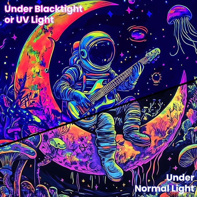 BVBOX Blacklight Space Astronaut Tapestry UV Reactive Galaxy Planet Glow in Dark Tapestries Black Light Poster Neon Wall Hanging Art for bedroom Living Room (Astronaut & Guitar-1M)