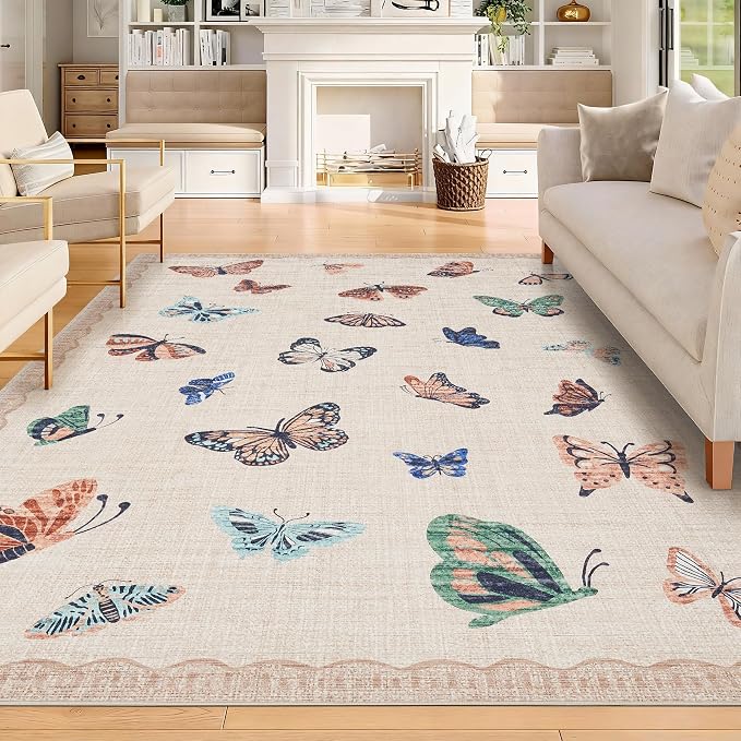 GarveeHome Butterfly Area Rug 9x12, No Slip Washable Rug, Modern Bedroom Rug Under Bed Ultra Carpet, Low-Profile Rugs for Living Room Bedroom Dining Room, Apricot