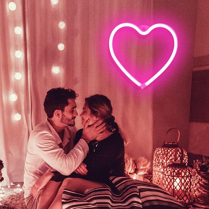 Pink Heart Neon Sign for Bedroom Decoration, Heart Led Light Sign 8.7×8.7 In Battery/USB Powered Romantic Love Hearts Neon Light for Wall Decor Art Kids Girl Room Wedding Party Valentine's Day Prsent
