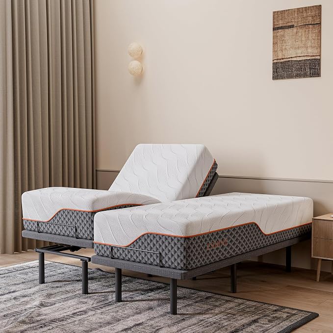 ESHINE 14" Hybrid Mattress Twin XL + Adjustable Bed Frame - Luxury Gel Memory Foam, Upholstered Bed Frames with Massage, USB, Under Bed Night Light, Head and Foot Incline, Split King