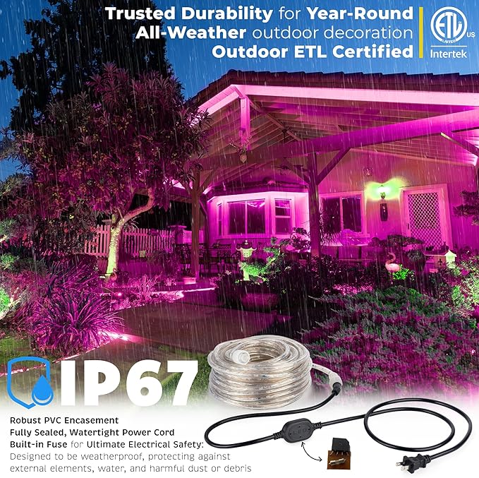 WYZworks 576LEDs, 50ft LED Outside Rope Lights, Waterproof Permanent Outdoor ETL Certified Connectable Clear Tube, Christmas Palm Tree Holiday Decorative Landscape Patio Accent Lighting - Pink