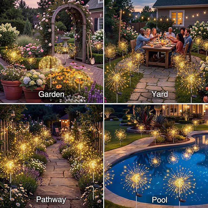 btfarm 3 Pack Solar Garden Lights Outdoor, 8 Modes Firework Lights Outside | 120LED, Waterproof Fairy Twinkle Light Solar Powered for Yard Christmas Pathway Lawn Pool Patio Decorative, Warm White
