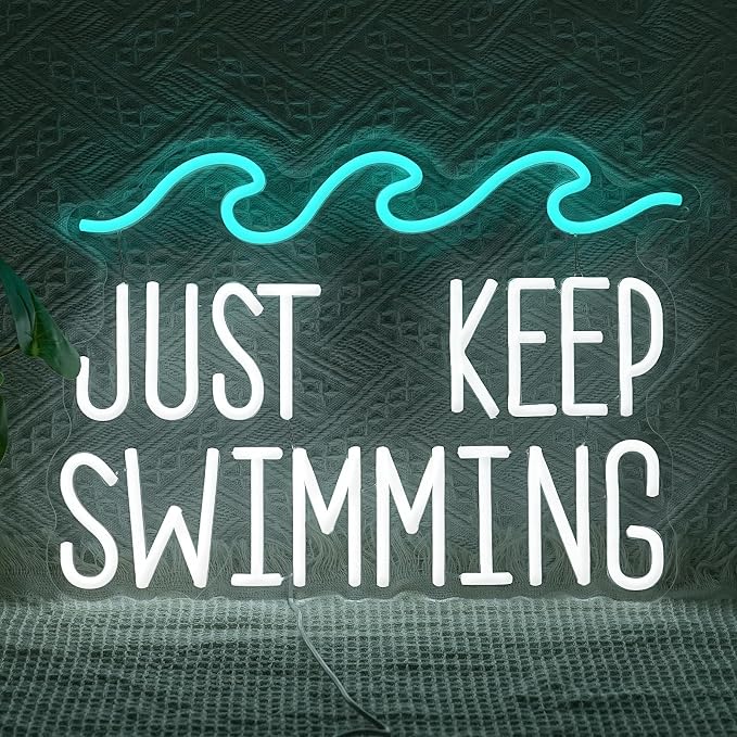Just Keep Swimming Neon Sign USB Powered Motivational Swimming Pool Decor Neon Light Ice Blue Wave LED Light Up Sign for Wall Decor Classroom Room