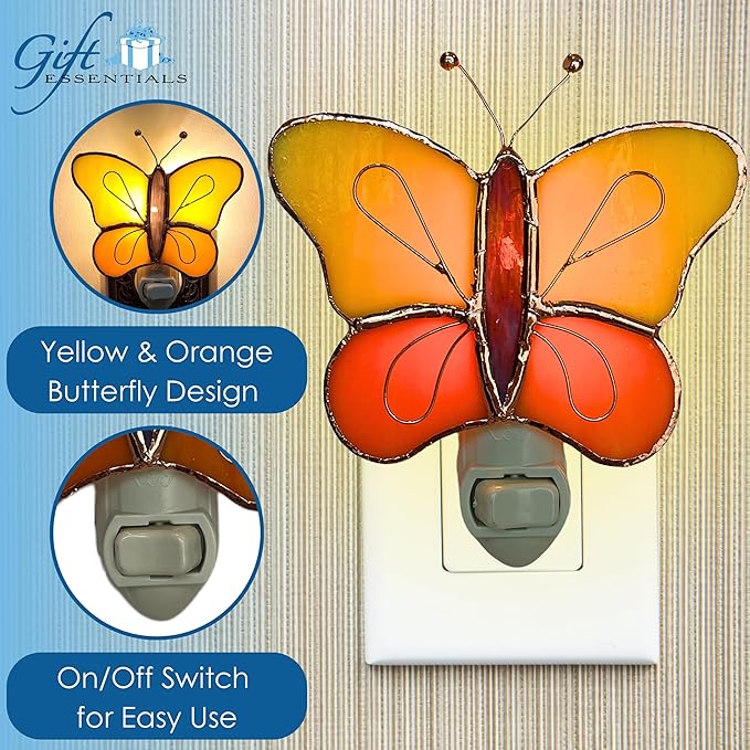 Gift Essentials Yellow and Orange Butterfly Plug in Night Light - Stained Glass Nightlight with On/Off Rocker Switch - Includes One 4 Watt Replaceable Incandescent Warm Glow Bulb