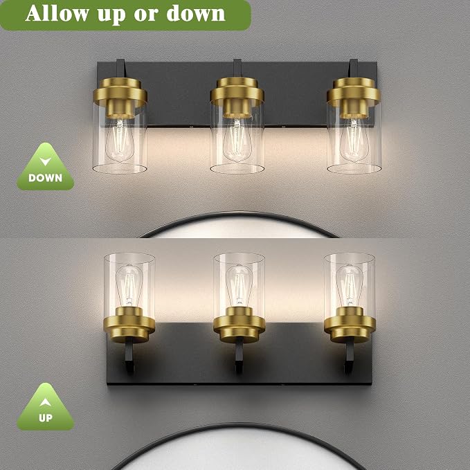 Bathroom Lighting Fixtures, 3-Light Bathroom Vanity Lights Over Mirror, Black and Gold Vanity Light with Glass Shade, Modern Vanity Lighting Fixtures for Bathroom, Bedroom, Hallway
