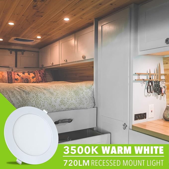 LeisureLED 5 Pack RV Boat Recessed Ceiling Light 720 Lumen Super Slim LED Panel Light DC 12V 5.75" 9W Full Aluminum Downlights 700 Lumen Warm (Warm White)