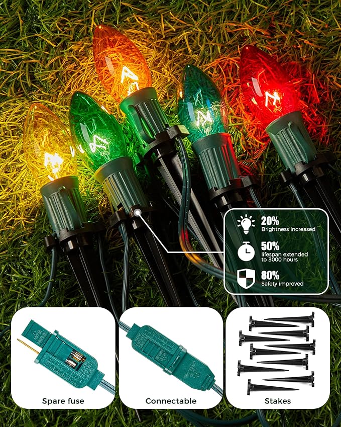 Christmas Pathway Lights Outdoor, 102.8 Ft Driveway Christmas Lights with 80 Multicolor Bulbs and Stakes, Connectable Outdoor Decorations Yard Walkway Sidewalk Holiday, Multicolor