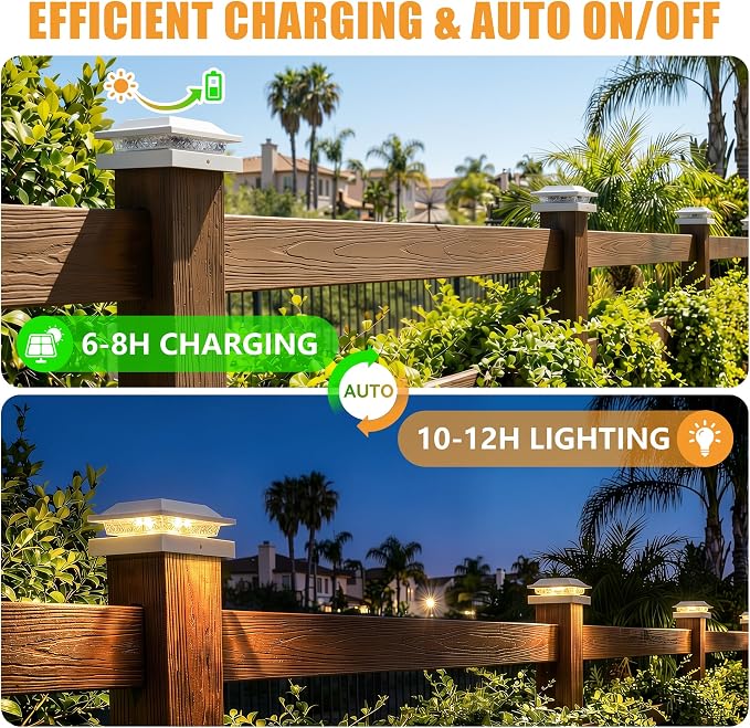 Brightown Solar Post Cap Lights, 2 Modes(Warm/Cool Light) Outdoor Waterproof Fence Post Solar Lights, Solar Powered Garden, Patio, Deck Decor for 4x4 Wood & Vinyl Posts, White 4 Pack
