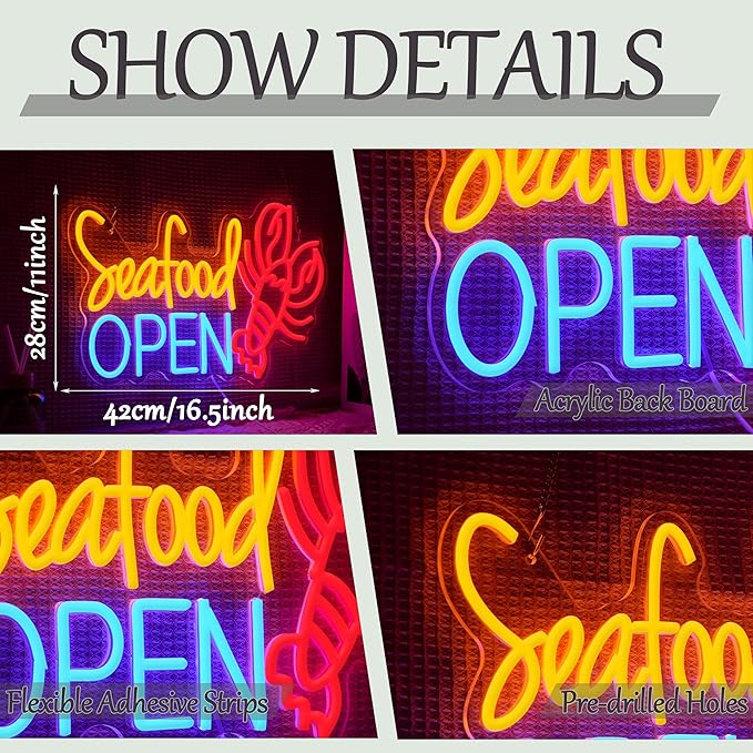 Seafood Open Neon Sign for Business Decor Delicious Lobster Led Neon Light Dimmable Fish Food Light Up Sign for Seafood Restaurant Shop Night Market Fish Market Oyster Bars