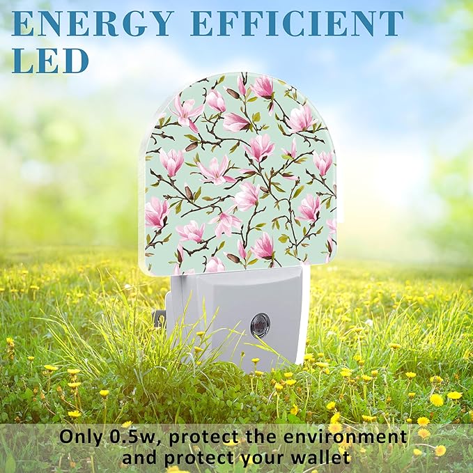 Plug in Night Lights Magnolia Flowers and Leaves Nightlight Plug Into Wall Dusk to Dawn Sensor LED Night Light for Kid Girls Boys Room Decor, Hallway, Kitchen, Bathroom, Nursery, Stairs