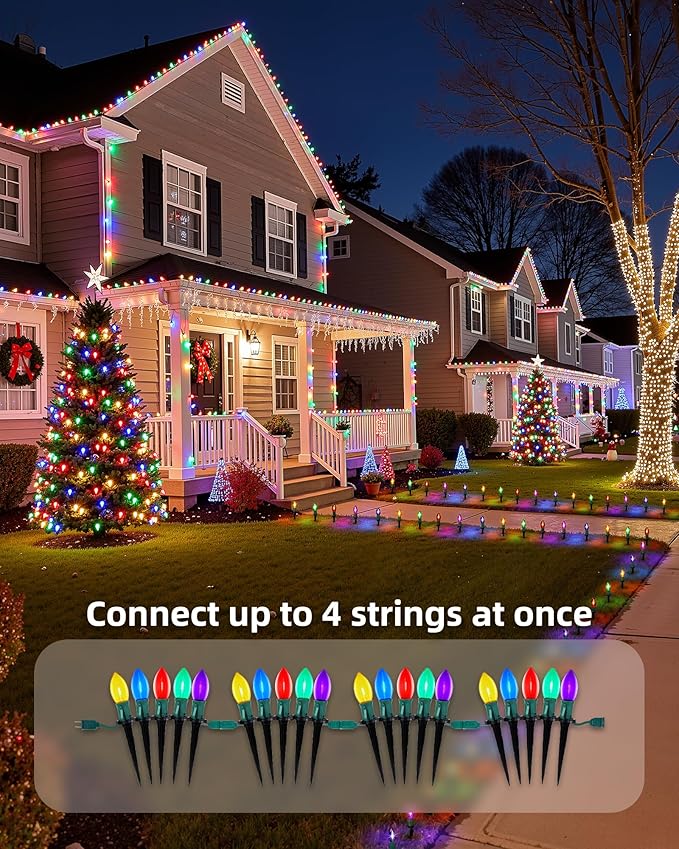 C9 Christmas String Lights Outdoor - 25.7 Feet 20 LED Christmas Pathway Lights with 20 Stakes Connectable Waterproof for Driveways Xmas Holiday Patio Decoration, Multicolored