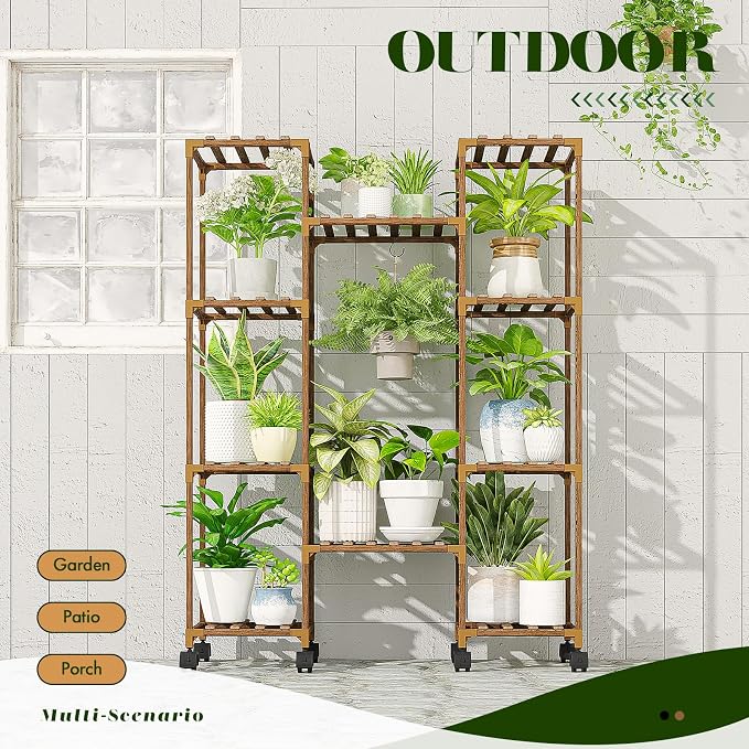 GENTINGBRO Plant Stand with Wheels Outdoor Indoor Hanging Plant Shelf for Multiple Plants Tall Large Holder for Living Room Patio Balcony Garden Corner Mobile