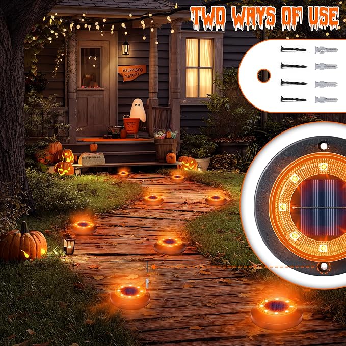 Flacchi Solar Lights Outdoor Waterproof，Orange 12 Pack 2-in-1 Ground Lights | Halloween Lights Outdoor Solar Disk Light Landscape Light for Deck Step Patio Yard Pathway Walkway Driveway Garden