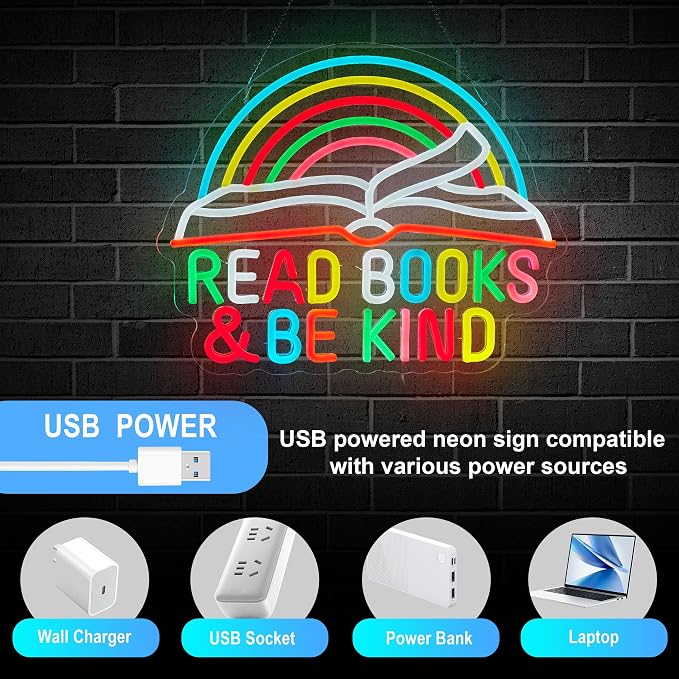 Read Books Neon Sign Read Books and Be Kind Neon Signs for Wall Décor Dimmable Colorful Rainbow Light Classroom Reading Room Bookstore Bookish Decor Compatible with Timer