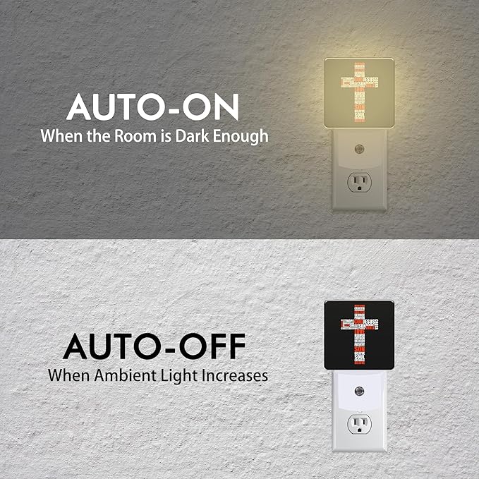 Cross of Religious Words Night Light with Dusk to Dawn Sensor LED Night Light for Home Decor, Kitchen, Bathroom, Hallway, Nursery, Stairs