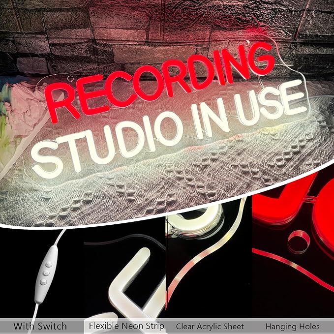 Recording Studio In Use Neon Sign, Vintage Lighted Sign, Dimmable Music Entertainment Room Led Neon Light Sign for Recording Studio Music Studio Audiophile LED Sign Gifts(16.5 * 5.5in)