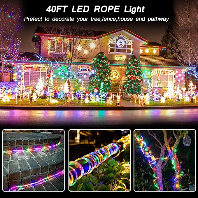 LED Rope Lights Battery Operated String Lights 40Ft 120 LEDs 8 Modes | IP65 Waterproof Battery Powered Rope Lights With Dimmable Remote for Party Garden Holiday Decoration 2Pack
